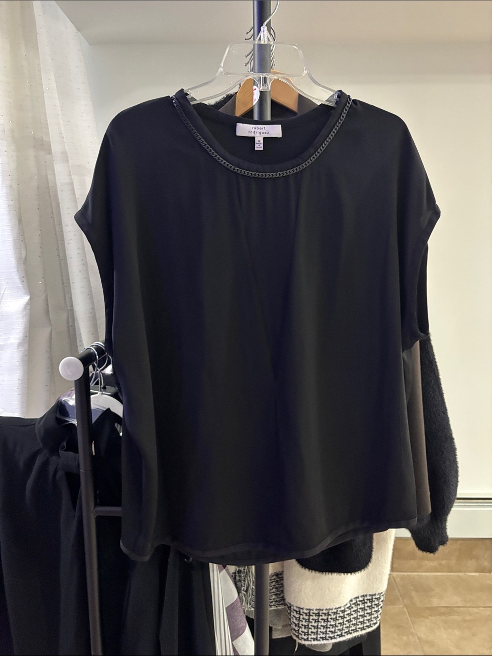Robert Rodriguez Black Short Sleeve Top with Braided Neckline. 100% SILK